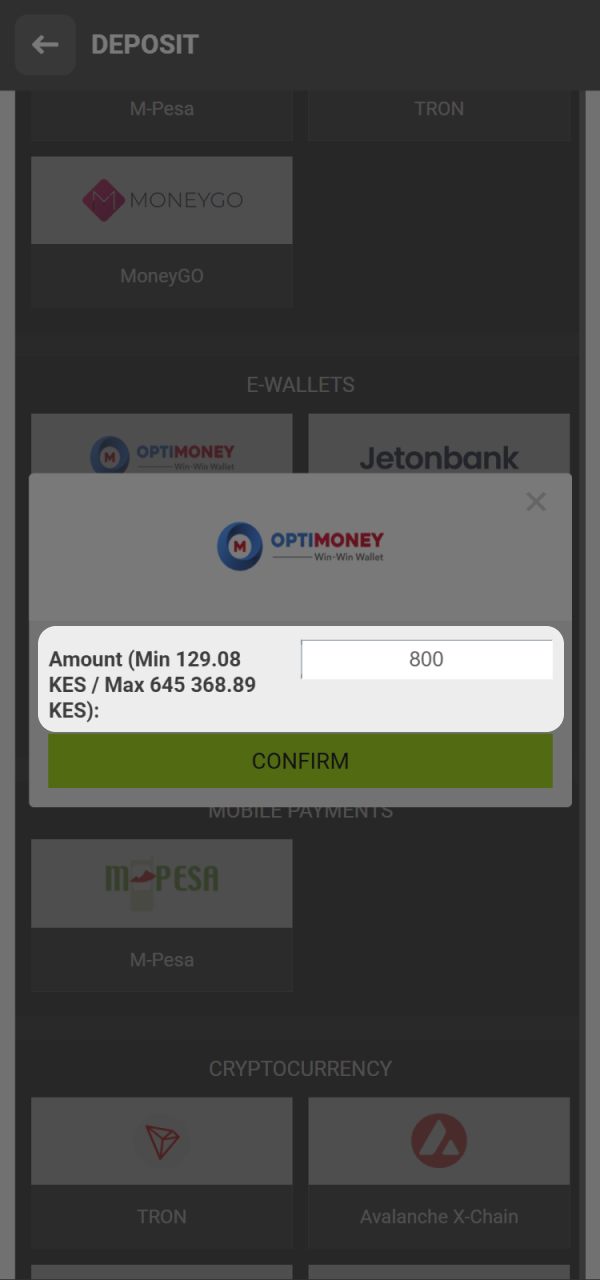 Enter the deposit amount and other information required by WinWin.