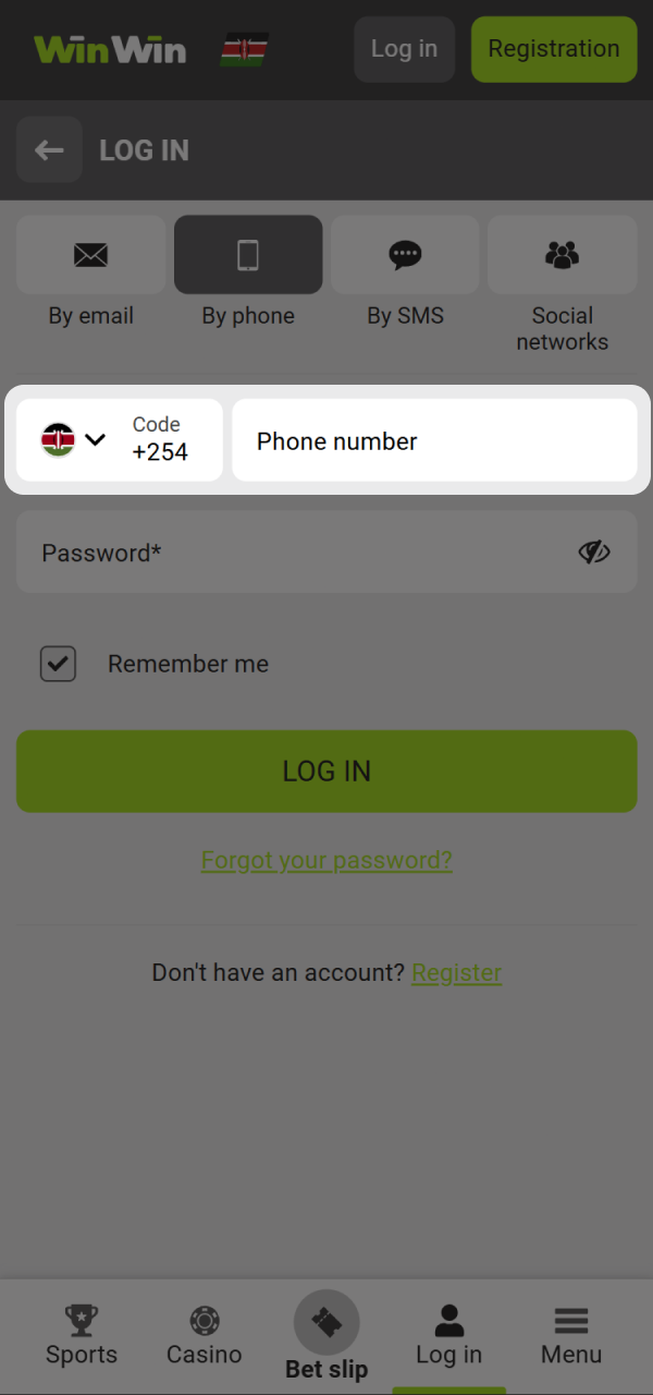 Enter your registered phone number for WinWin Kenya website.