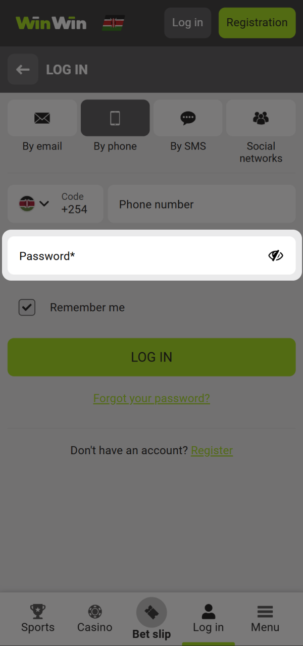 Type your password to log into your WinWin Casino account.