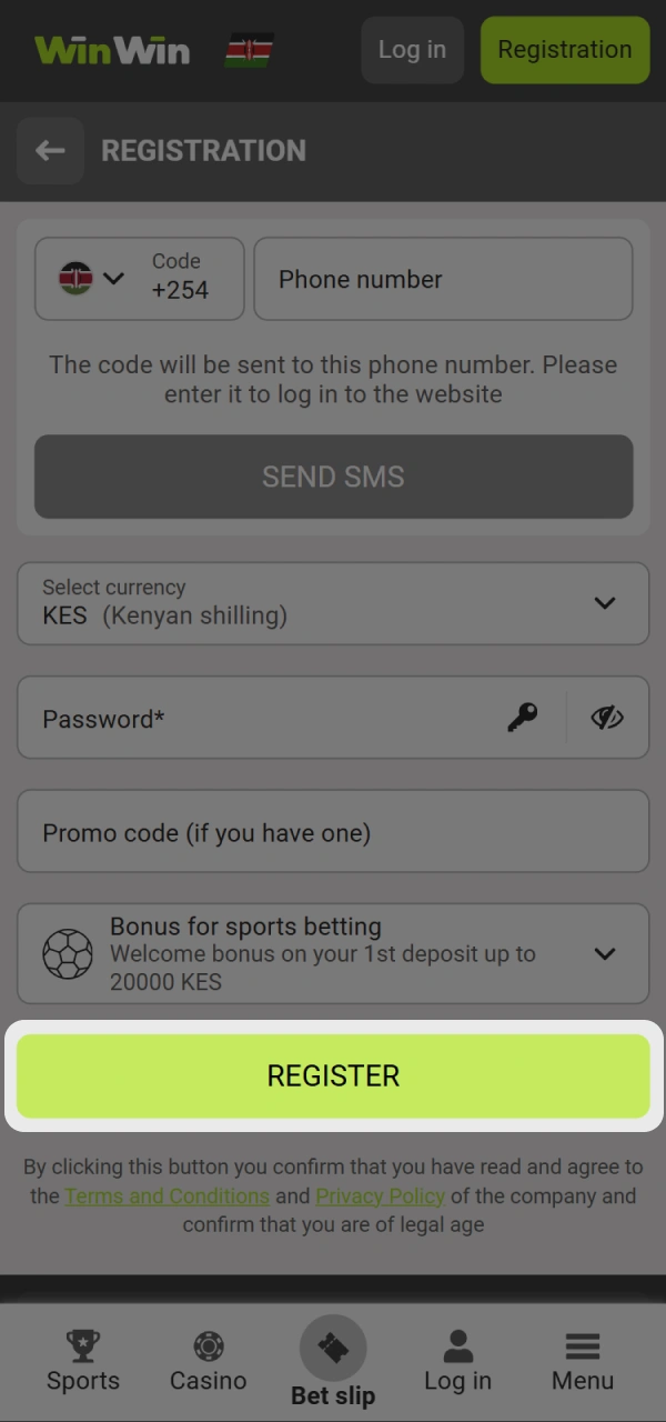 Complete the registration and create a new accout at WinWin.