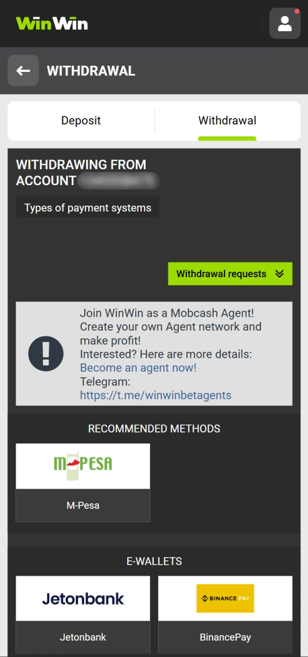 Proceed by choosing withdrawal method at WinWin website.