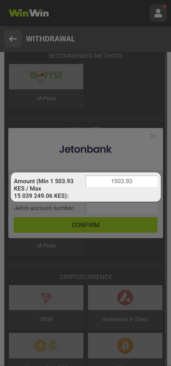 Specify the amount and details to withdraw from WinWin Kenya.