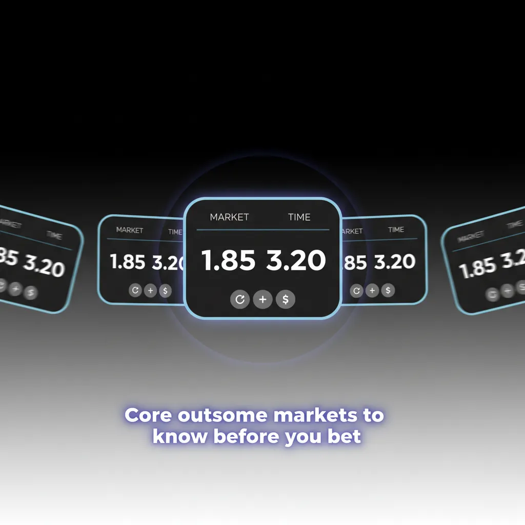 Infographic explaining how outcome markets settle: 1X2, Double Chance, Over/Under, BTTS, and Handicap (Asian/European).