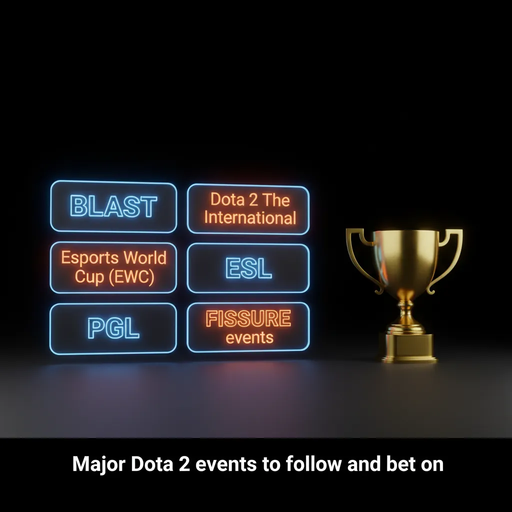 Graphic with logos of major Dota 2 events—TI, BLAST, ESL, EWC, PGL, FISSURE—highlighting betting markets.