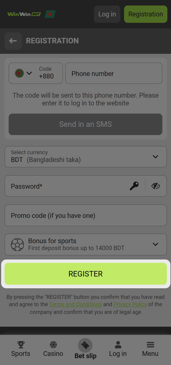 Complete WinWin app registration by clicking the Register button.