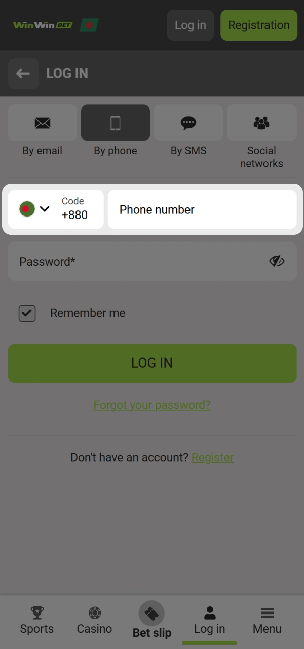 Enter your registered phone number for WinWin Bangladesh website.